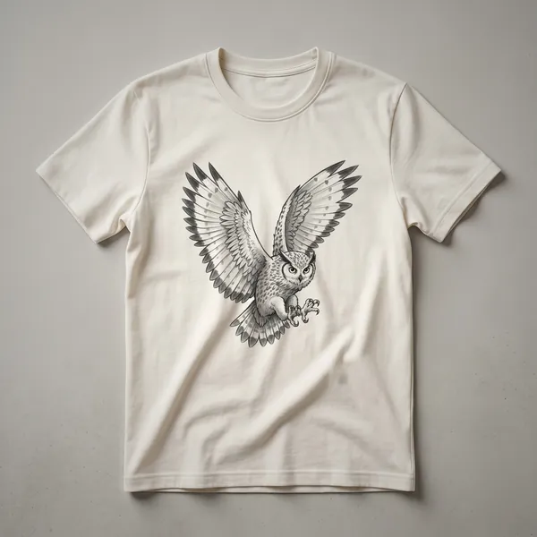 Black and white sketch of an owl in flight with wings spread, printed on a white t-shirt.