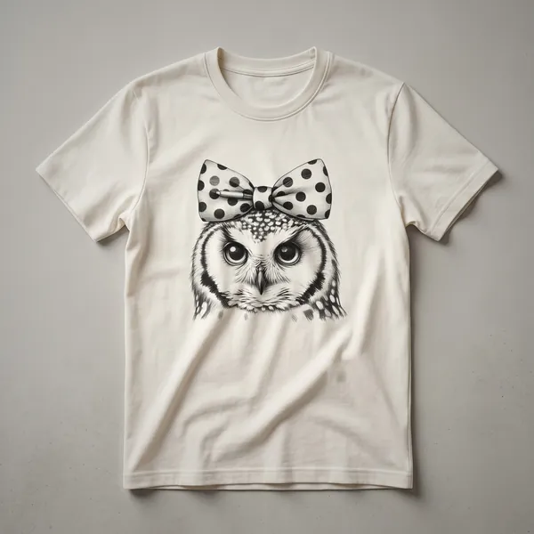 Black graphic t-shirt featuring a stylized illustration of a Great Horned Owl with its wings spread wide against a dark background.