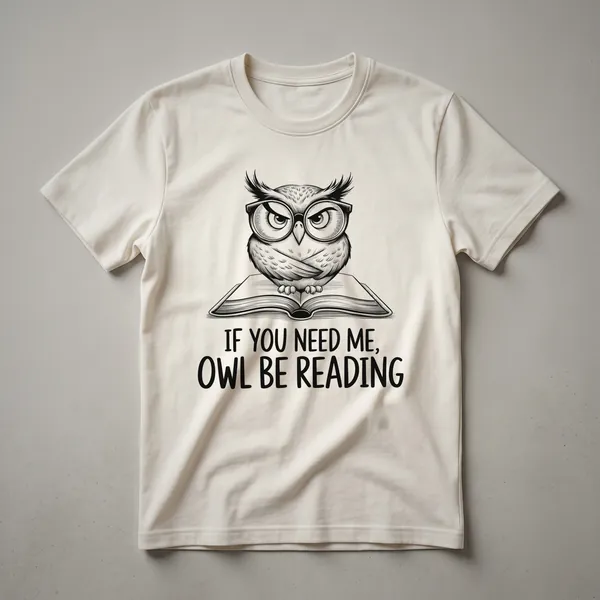 White graphic t-shirt featuring a cartoon owl wearing glasses and sitting on a stack of books, with the text 'If You Need Me Owl Be Reading'.