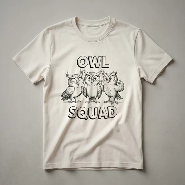 White graphic t-shirt with a black illustration of three owls in a row above the text 'Owl Squad'.