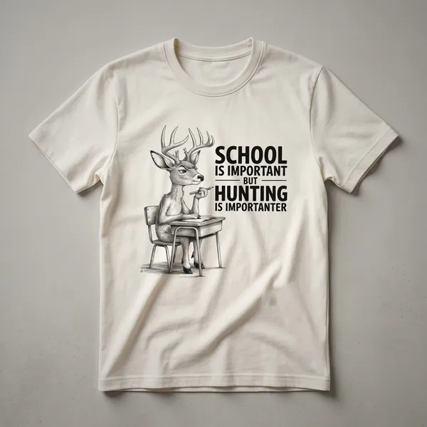A black graphic t-shirt with a distressed white silhouette of a deer and the text 'School Is Important But Hunting Is Importanter' in white.
