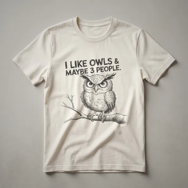 White graphic t-shirt with a minimalist owl illustration and the text 'I Like Owls & Maybe 3 People' in black.