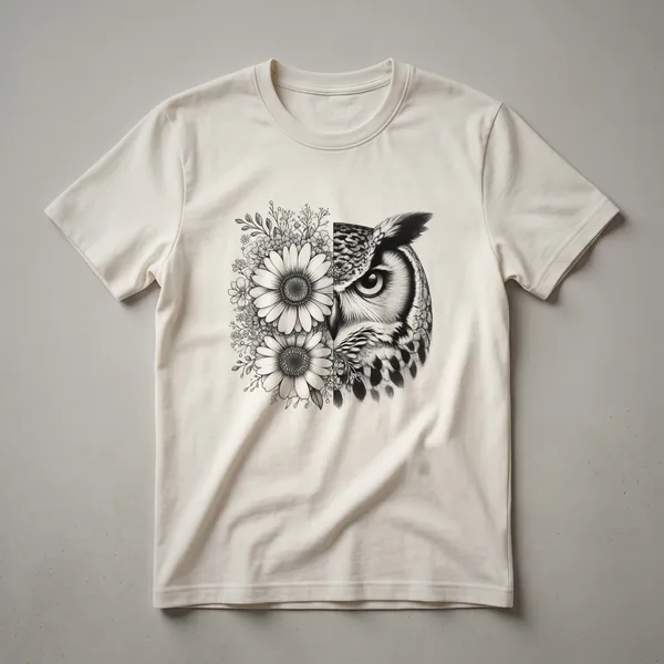 White t-shirt with a floral owl face graphic design, featuring an owl's face constructed from various flowers and leaves.