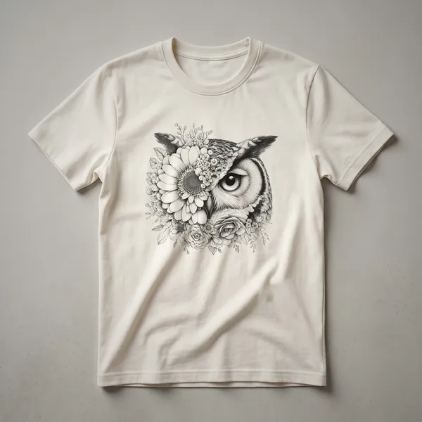 White graphic t-shirt with a stylized owl perched among colorful flowers and leaves, designed for women and girls.