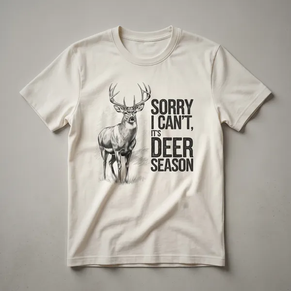 Black graphic t-shirt with white text that reads 'Sorry I Can't It's Deer Season' and a deer silhouette.