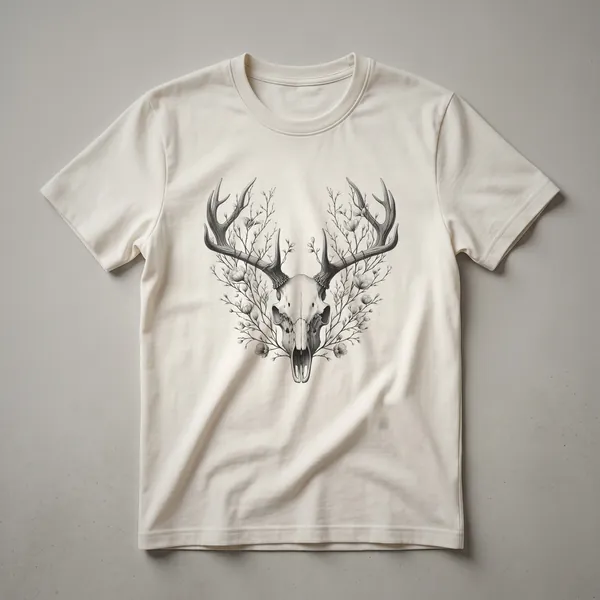 A graphic t-shirt in a dark heather color featuring a white deer skull with antlers surrounded by colorful floral elements, designed for hunters.
