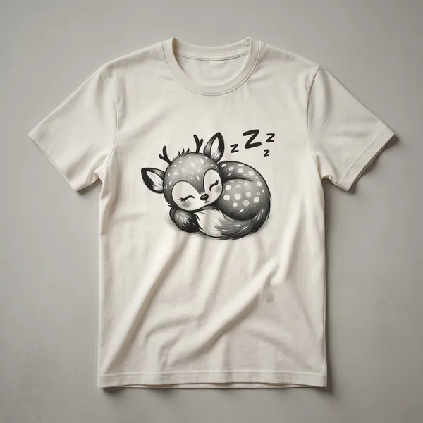 White graphic t-shirt featuring a minimalist illustration of a sleeping fawn in a soft, earthy brown tone, with a subtle background.