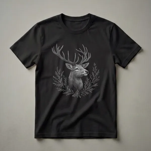Black t-shirt with a white line art illustration of a stag's head surrounded by floral branches and a flower at the bottom.
