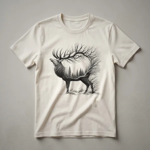 Black t-shirt with a graphic design of a buck deer in a forest with mountains and trees.