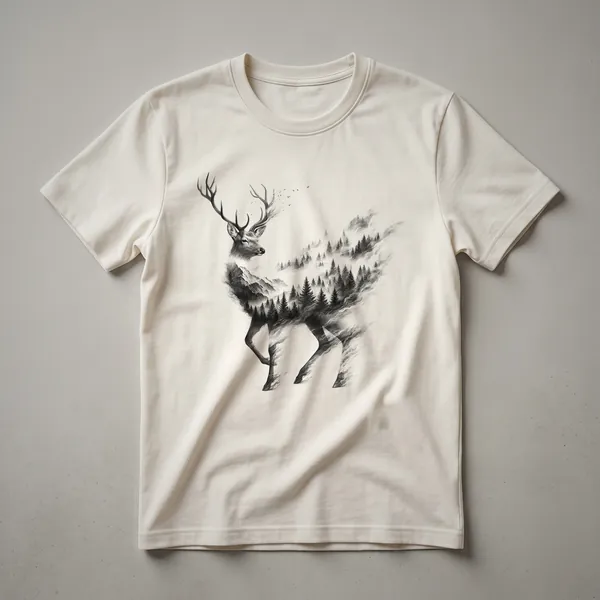 Black graphic t-shirt with a stag silhouette in a forest at sunset, featuring trees and a warm sky.