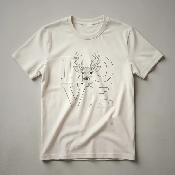 Black graphic t-shirt featuring a vintage white line drawing of a deer's head in profile with a heart shape integrated into its antlers.