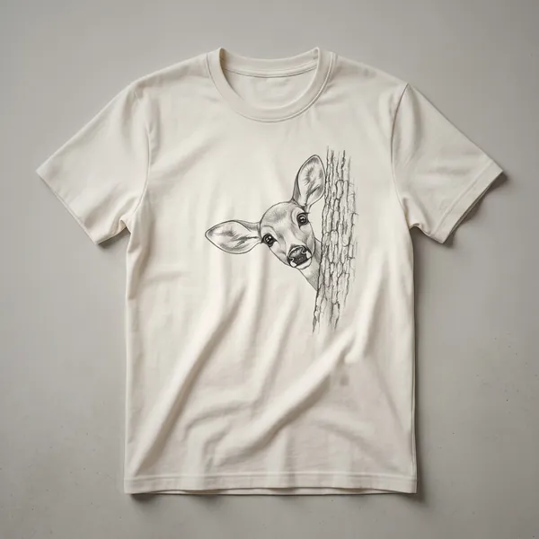 A vintage-style line drawing of a deer fawn peeking from the side, printed on a white t-shirt.
