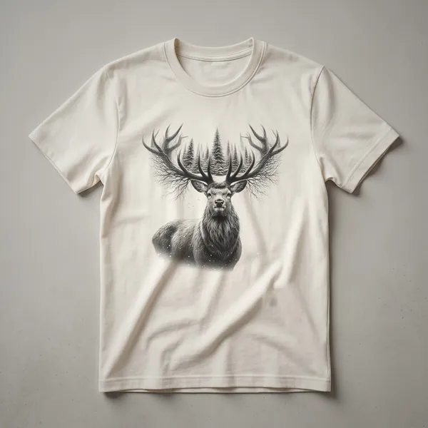 A graphic t-shirt in a neutral color, featuring a black silhouette of a deer standing in a stylized forest scene with trees and a subtle sun.