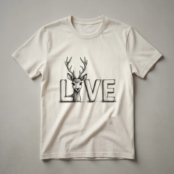 A white graphic t-shirt featuring a stylized deer head with a heart shape integrated into its antlers, set against a plain background.