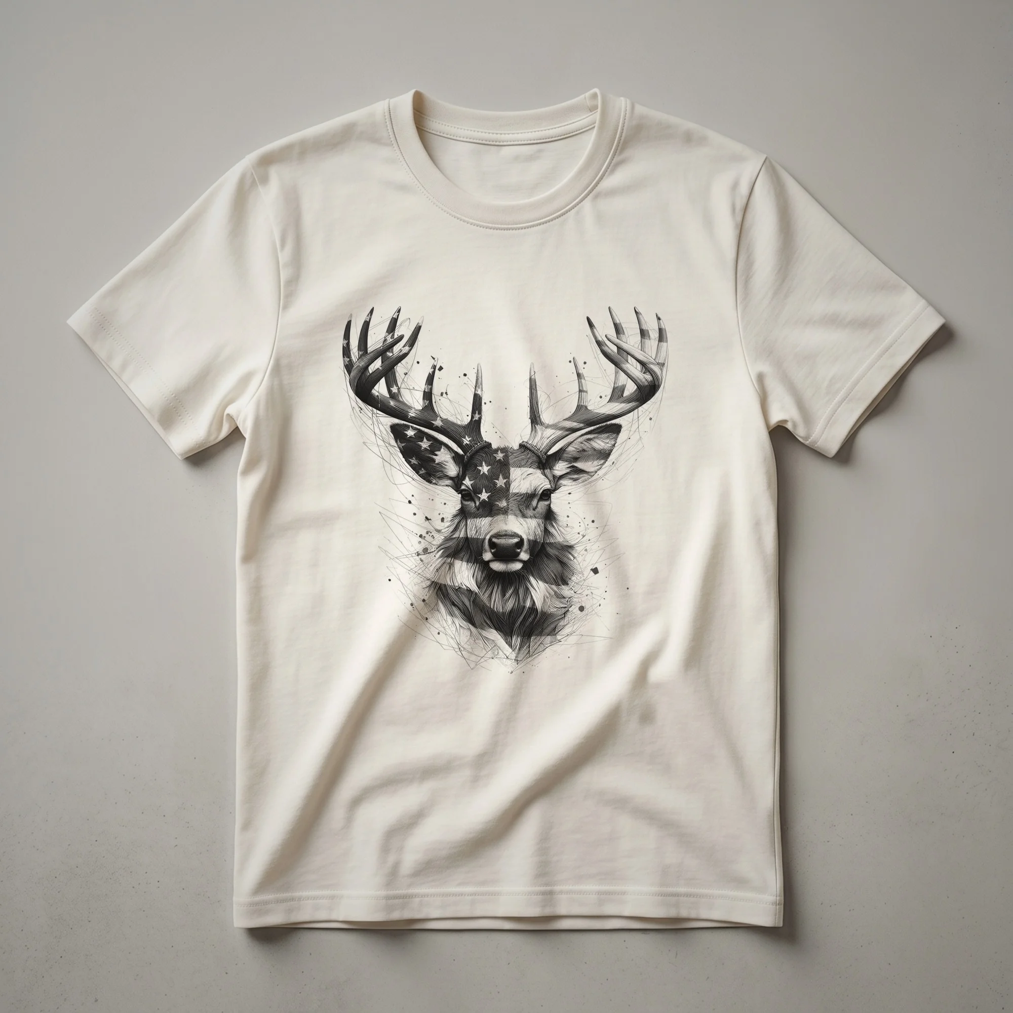 A black graphic t-shirt with a design of a buck's head overlaid on a distressed American flag, symbolizing patriotism and hunting.