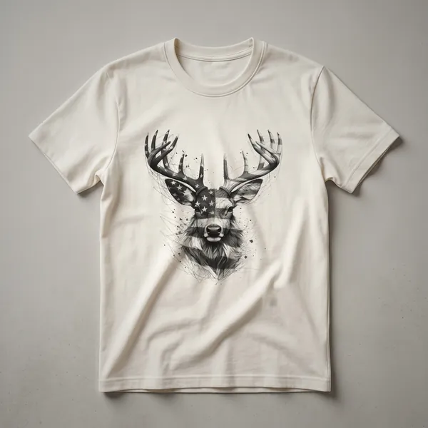 A black graphic t-shirt with a design of a buck's head overlaid on a distressed American flag, symbolizing patriotism and hunting.