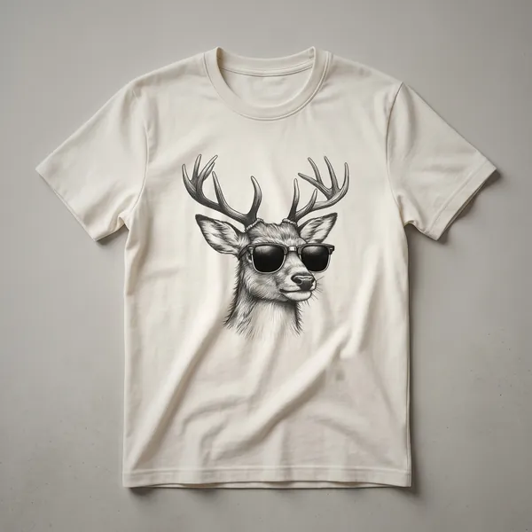 White graphic t-shirt featuring a deer wearing black sunglasses, with a subtle woodland-themed design.