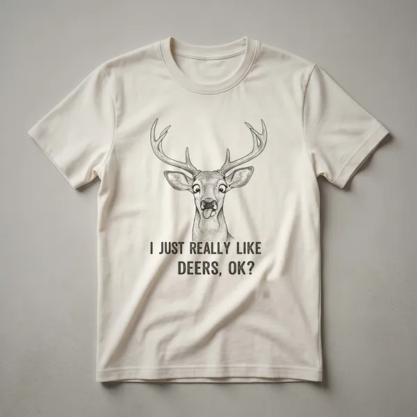 White graphic t-shirt with a stylized illustration of a deer and the text "I Just Really Like Deers, Ok?" in black.