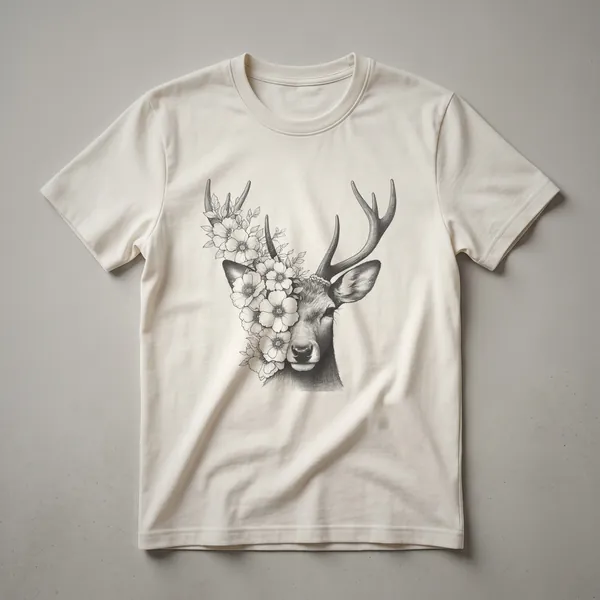 White graphic t-shirt with a deer silhouette filled with colorful flowers, designed for women and girls who love nature.