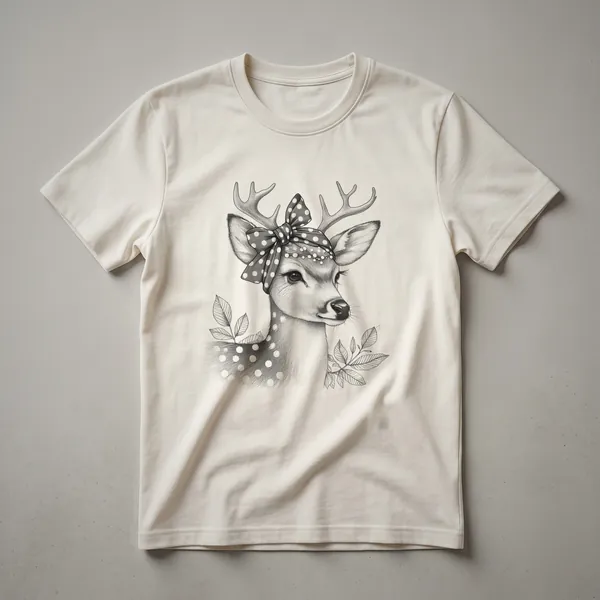 A white graphic t-shirt featuring a black silhouette of a deer filled with pink and green floral patterns, with the text 'Cute Deer Lover Design For Girls And Women' below.