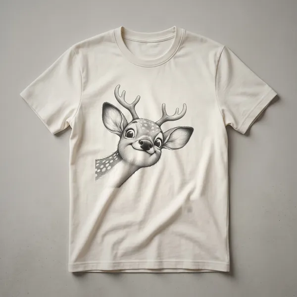 White graphic t-shirt featuring a cartoon deer peeking from behind a white text box with a curious expression.