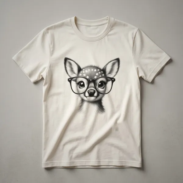White graphic t-shirt featuring a cute deer fawn wearing black sunglasses, with a simple artistic style.