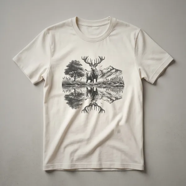 Black t-shirt with a graphic design of a deer in a forest scene, featuring reflective elements.