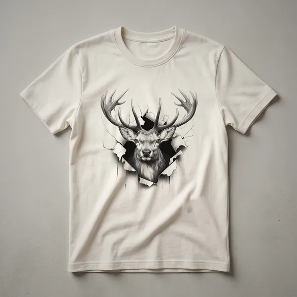 Black graphic t-shirt with a white design of a deer's head peeking from behind a tree silhouette.