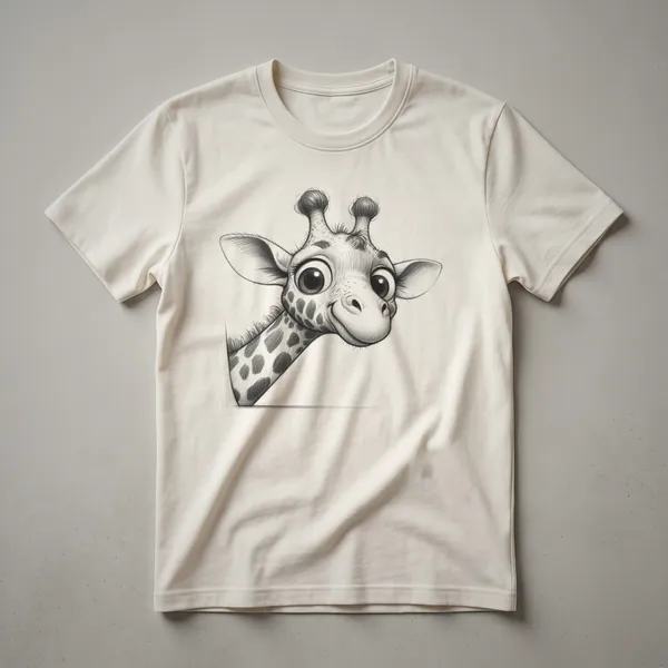 White graphic t-shirt with a stylized illustration of a giraffe's head peeking over the neckline.