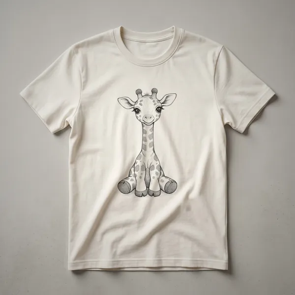 A white t-shirt with a graphic of a stylized, sitting giraffe in muted brown and beige tones, with a soft background.
