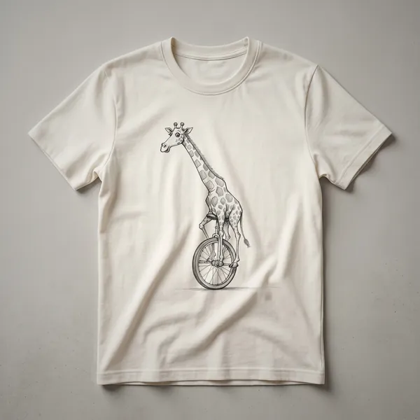 White graphic t-shirt featuring a cartoon giraffe with a long neck, balancing on a unicycle with a funny expression.