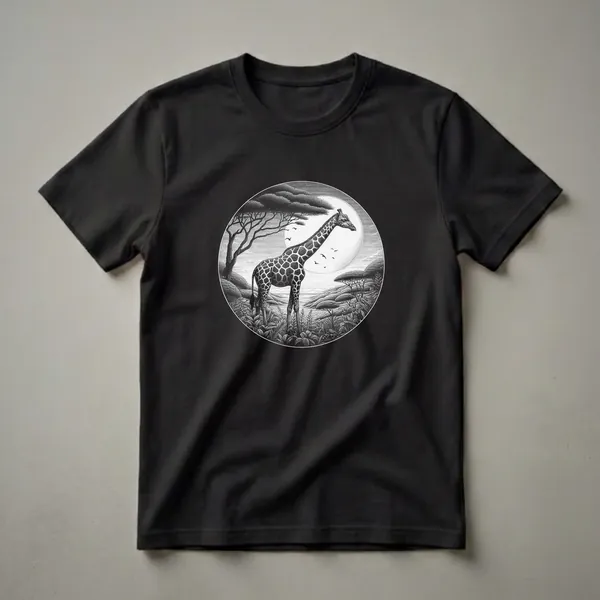 Black and white graphic t-shirt featuring a detailed illustration of a giraffe standing in a savanna landscape under a large moon, with acacia trees and birds flying.