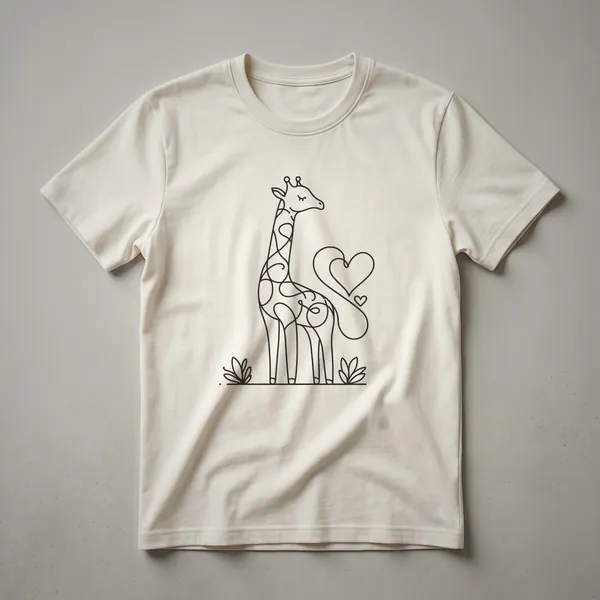 Black line art graphic of a giraffe's head and neck on a white t-shirt, showcasing the animal's distinctive long neck and elegant profile.