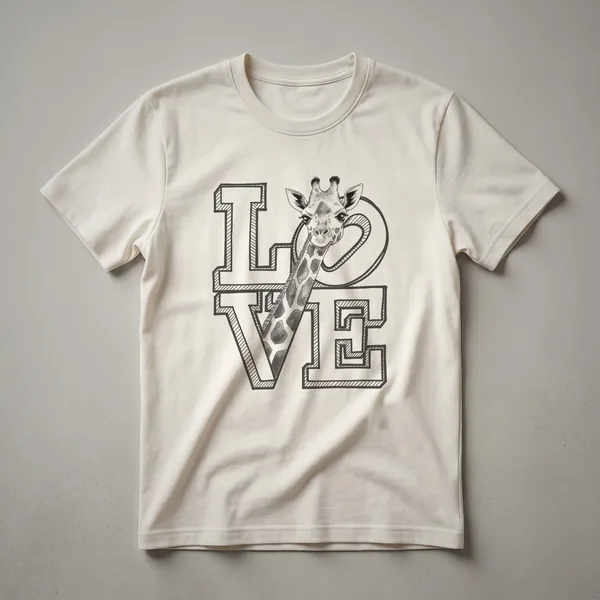 Black graphic t-shirt featuring a stylized silhouette of a giraffe's head with a heart shape integrated into its neck.