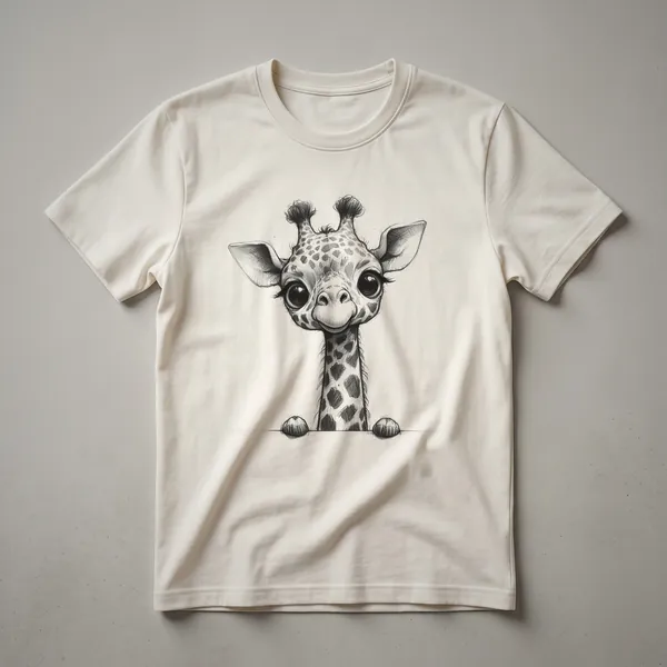 White t-shirt featuring a cartoon giraffe peeking over a branch with a watercolor art style, designed for kids.