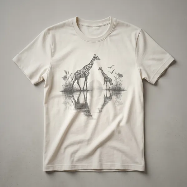 A black t-shirt with a graphic design of a giraffe silhouette against a reflective nature scene with trees and a sun.