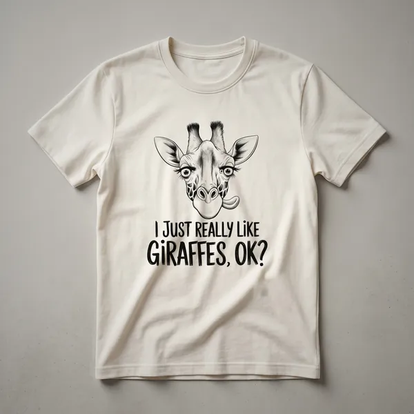 White graphic t-shirt with a stylized illustration of a giraffe and the text 'I Just Really Like Giraffes, Ok?'