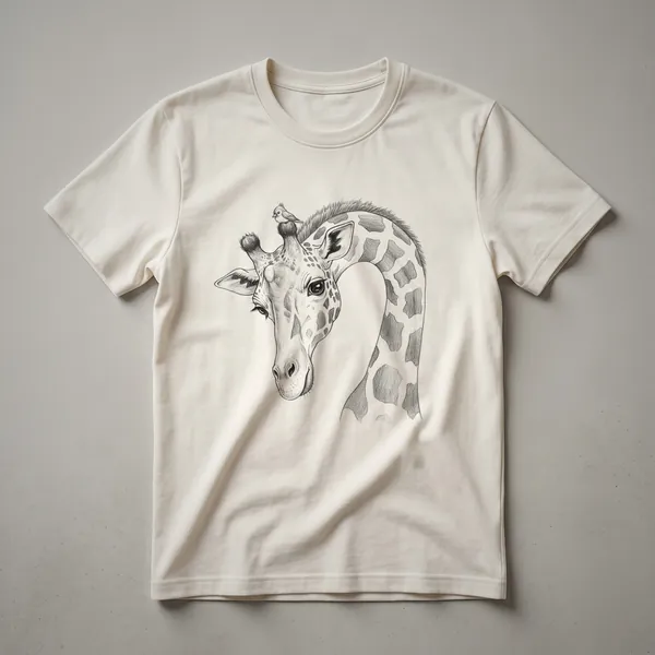 A graphic t-shirt in a neutral color, featuring a stylized illustration of a giraffe's head with a small bird perched on its nose.
