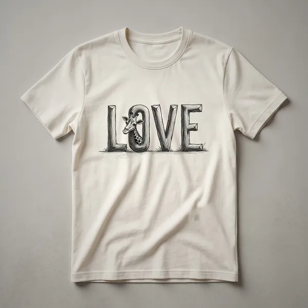 White graphic t-shirt featuring a stylized illustration of a giraffe's head and neck in black and brown tones.