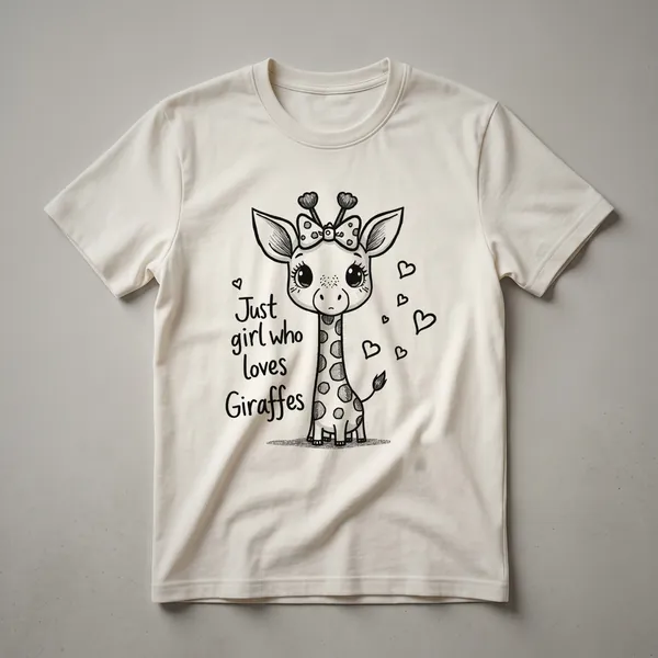 White graphic t-shirt featuring a stylized illustration of a giraffe's head wearing a floral crown.