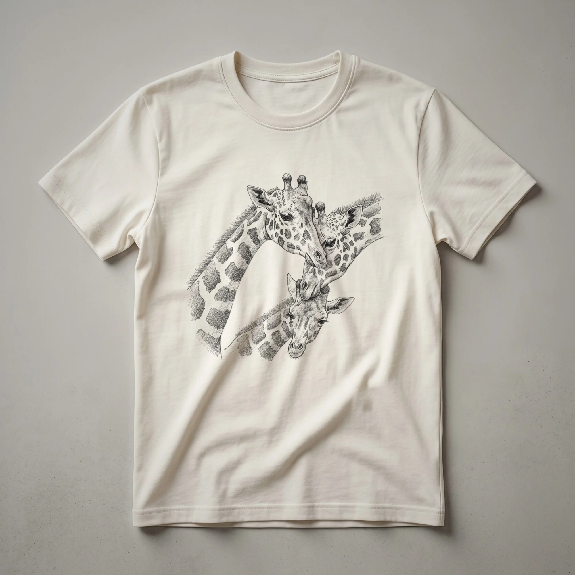 White t-shirt featuring a stylized illustration of a giraffe family silhouetted against a warm gradient sunset.