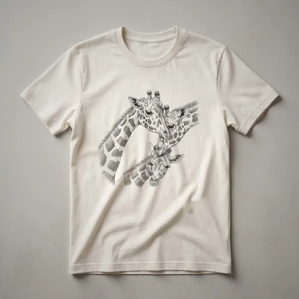 White t-shirt featuring a stylized illustration of a giraffe family silhouetted against a warm gradient sunset.