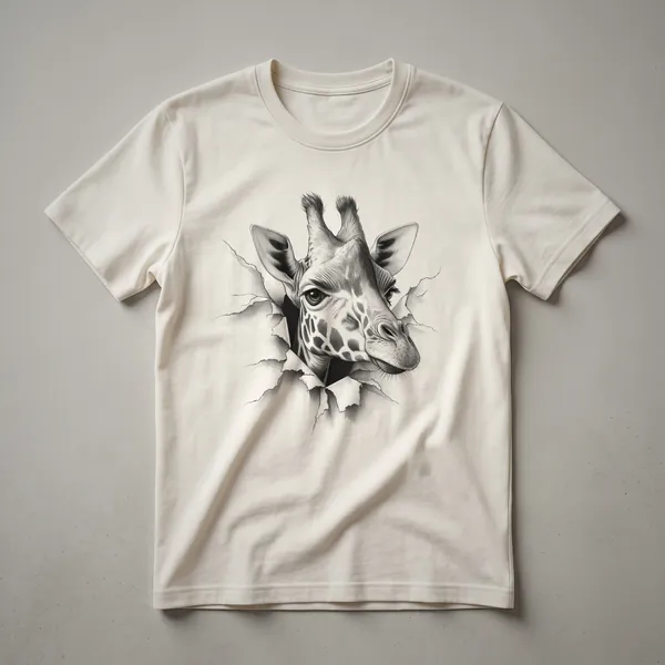White graphic t-shirt with a cartoon giraffe peeking from the bottom edge, showing its head and neck.
