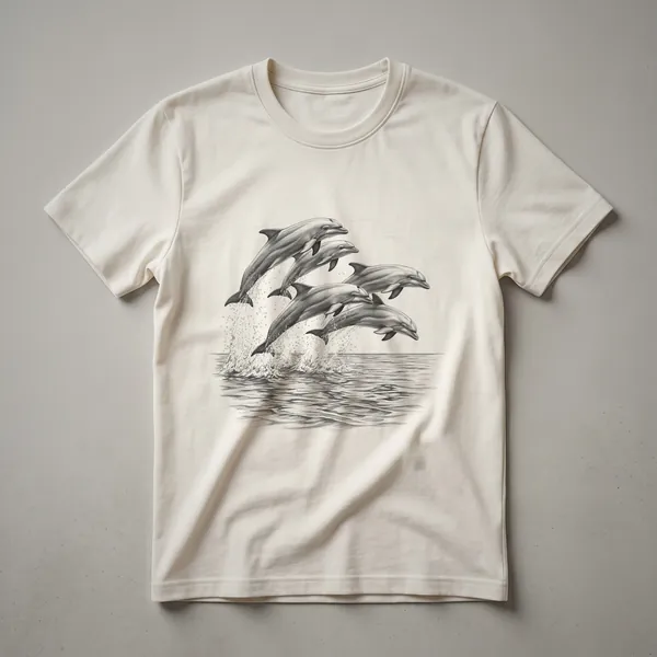 White graphic t-shirt featuring a family of dolphins jumping over blue waves, with a plain background.