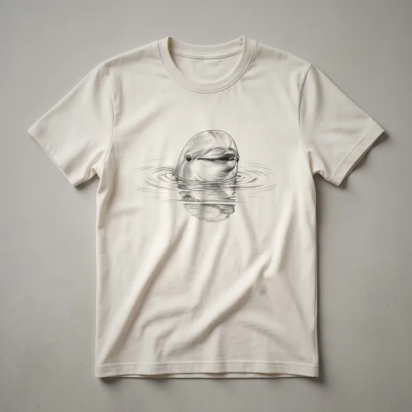 White graphic t-shirt featuring a stylized blue dolphin peeking out from the bottom edge, with a solid background.