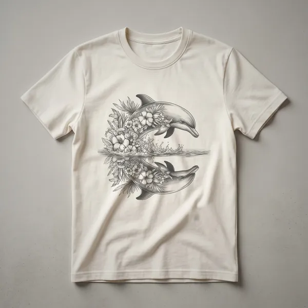 White graphic t-shirt with a design of a leaping dolphin surrounded by flowers and a reflective water scene.