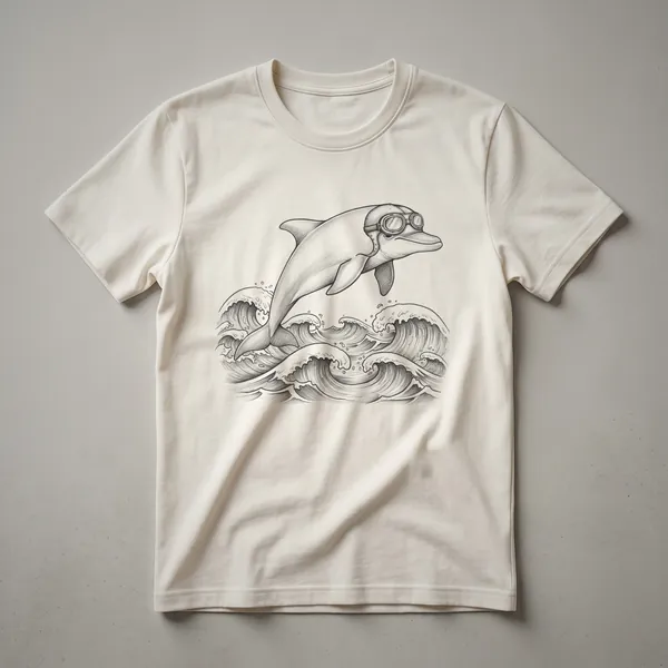 White graphic t-shirt featuring a cartoon dolphin wearing black sunglasses, leaping over blue waves.