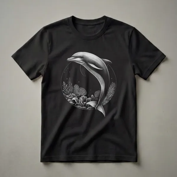 Black t-shirt featuring a monochromatic illustration of a dolphin leaping within a circle, surrounded by detailed coral and seaweed, with small bubbles.
