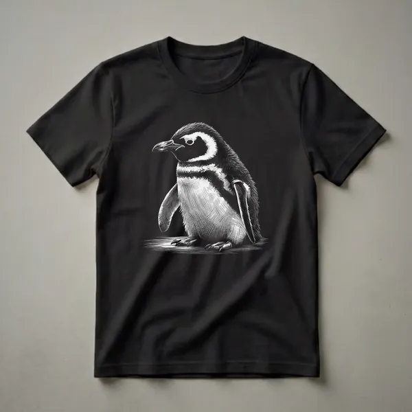 Black and white scratchboard art t-shirt featuring a detailed illustration of a penguin against a black background.