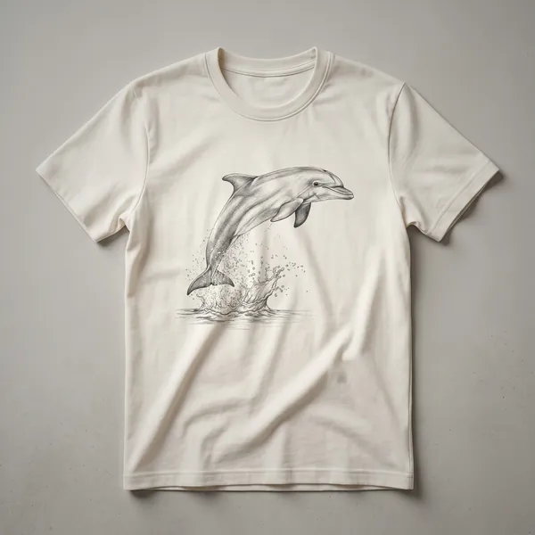Black and white sketch of a dolphin leaping from the water, printed on a white t-shirt.